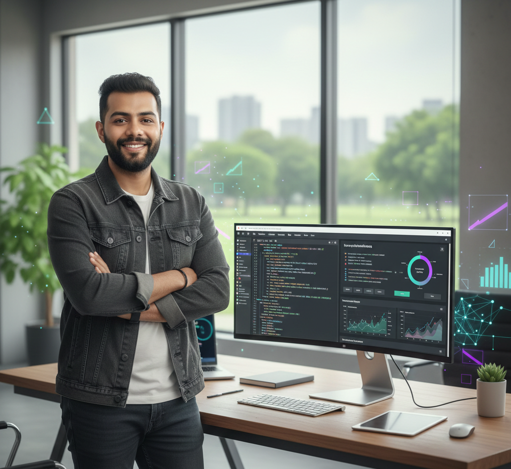Pranjal Trivedi, Computer Engineer and Digital Marketer, working on high-performance web solutions in a professional modern office setting.